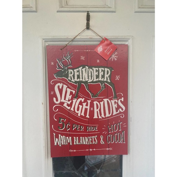 Reindeer Sleigh Ride Wood Sign Farmhouse Wall Decor Door Hanger Wreath Sign - Picture 1 of 3